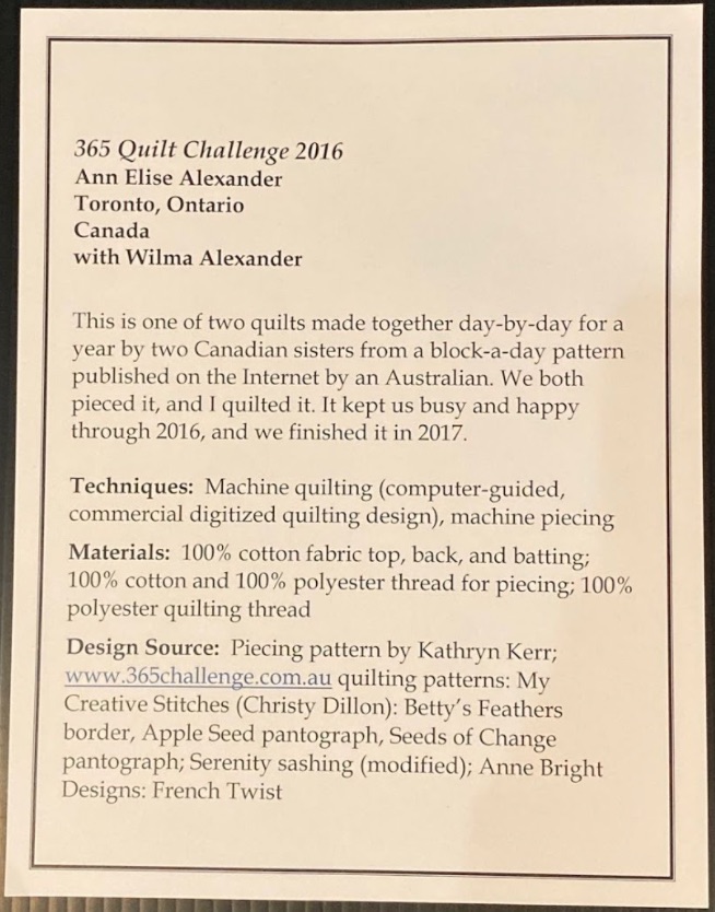 "365 Quilt Challenge 2016" by Ann Elise Alexander with Wilma Alexander - Sign